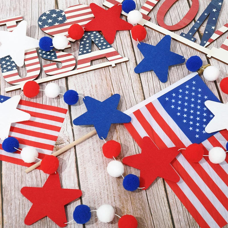 NONECN Patriotic Stars and Stripes Felt Garland for July 4th