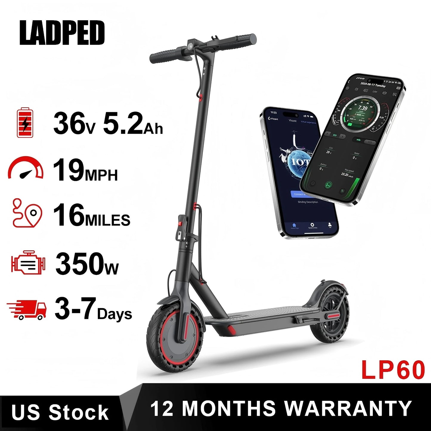 Ladped LP60 Electric Scooter 350W 19mph Folding for Adults