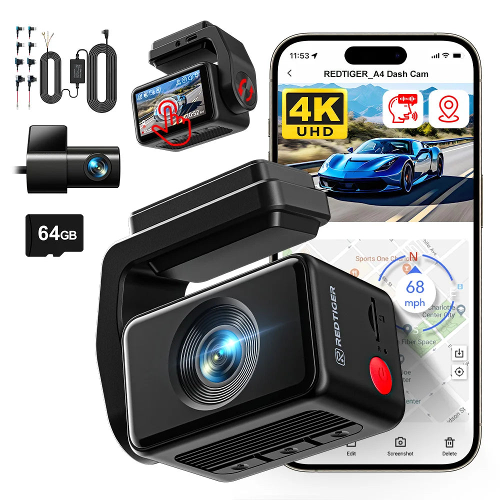 Redtiger A4 Dash Cam Front And Rear 4K GPSNavigation WiFi