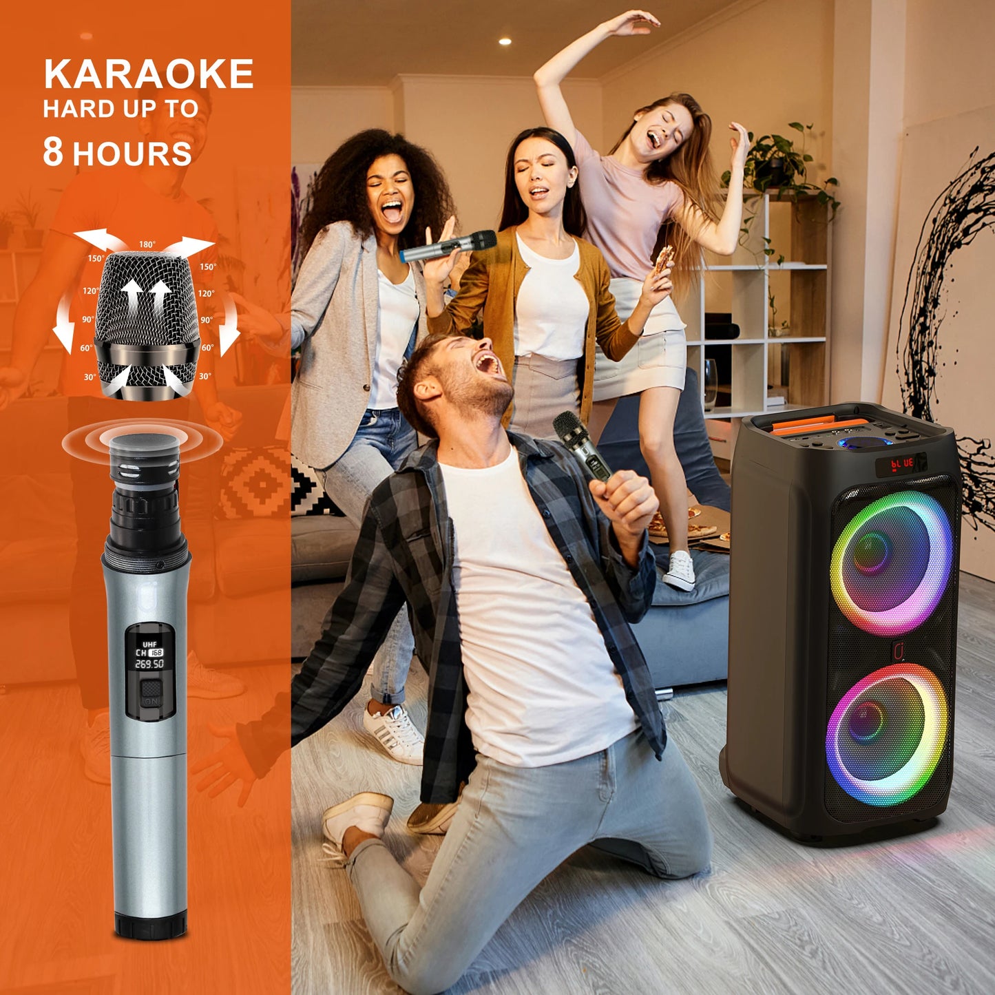 FanFun Karaoke Machine with 2 Wireless Microphones Portable Bluetooth Speaker