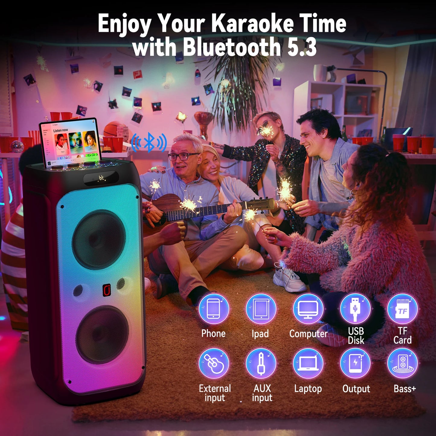 FanFun Karaoke Bluetooth Speaker With LED Lights And Microphones