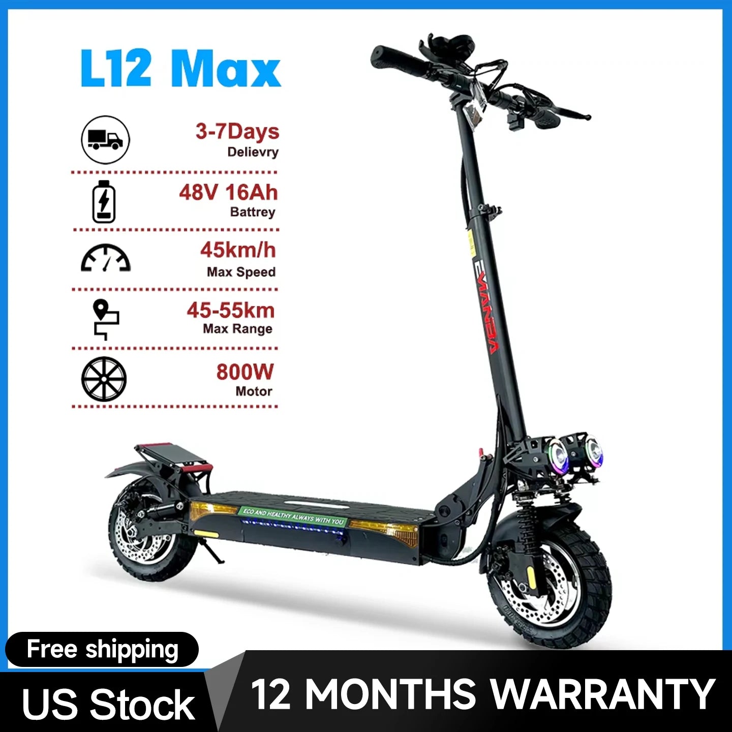 L12 Max 800W 48V Folding Electric Scooter Off Road Tires