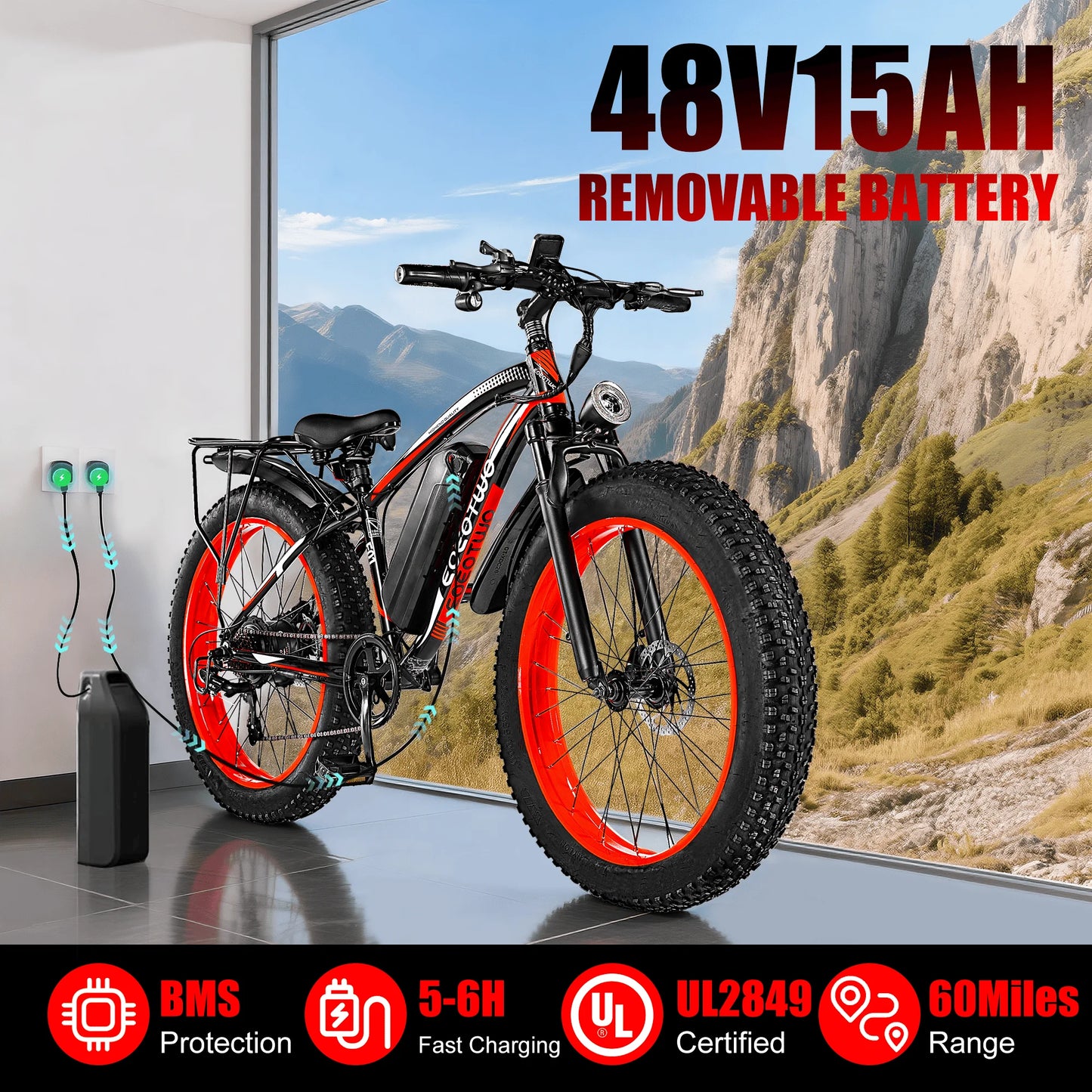 EOEOTWO E01 Electric Fat Tire Bike 60 Mile Range 34MPH