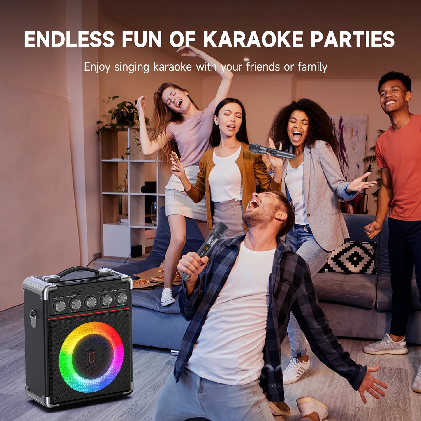 FanFun Karaoke Speaker With Microphones And DJ Lighting PA System