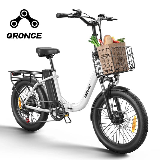 QRONGE 1000W Folding Electric Bike With 70 Mile Range Basket
