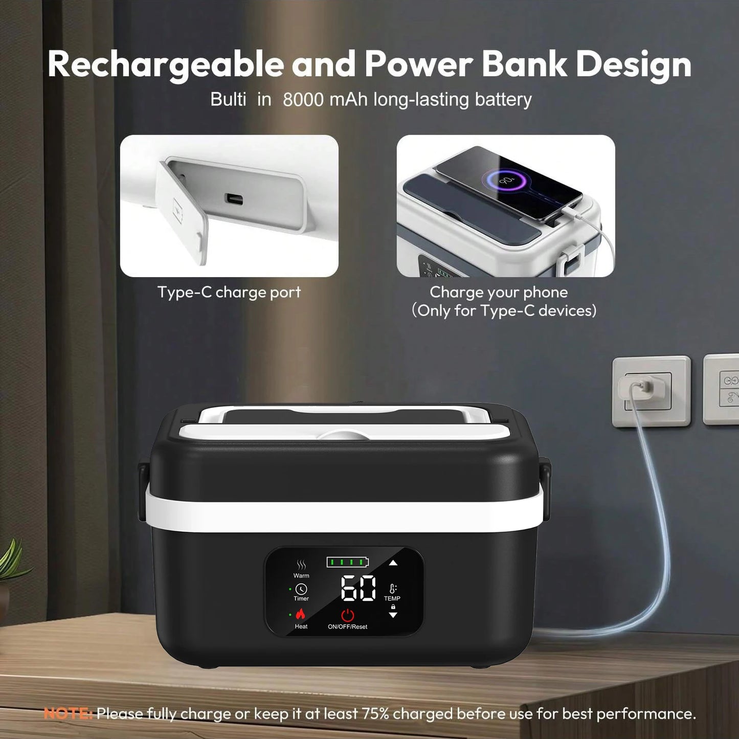 Feature Wireless Insulated Lunch Box 60W Heating 8000mAh Battery