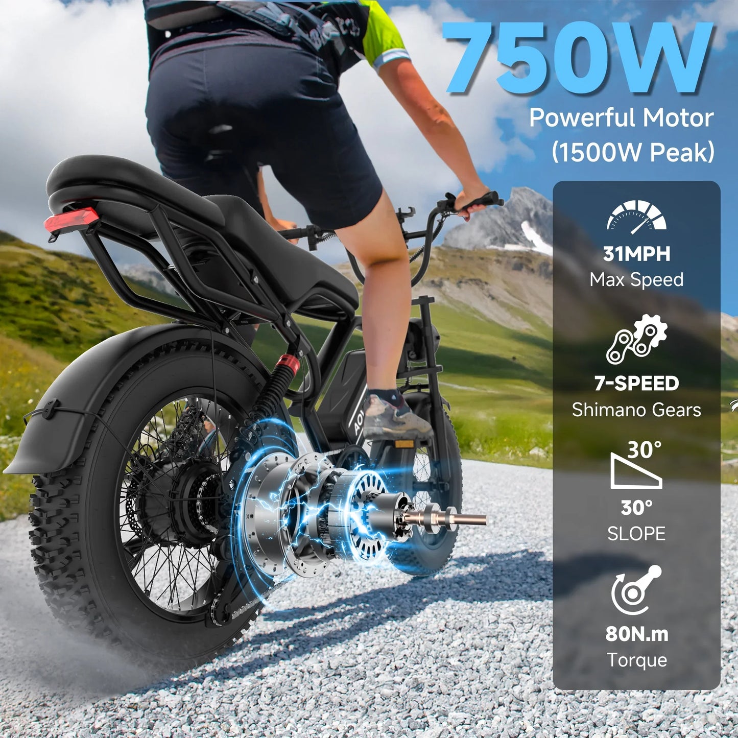 AOVOPRO AP20 Electric Bike 1500W Fat Tire 70 Miles Range