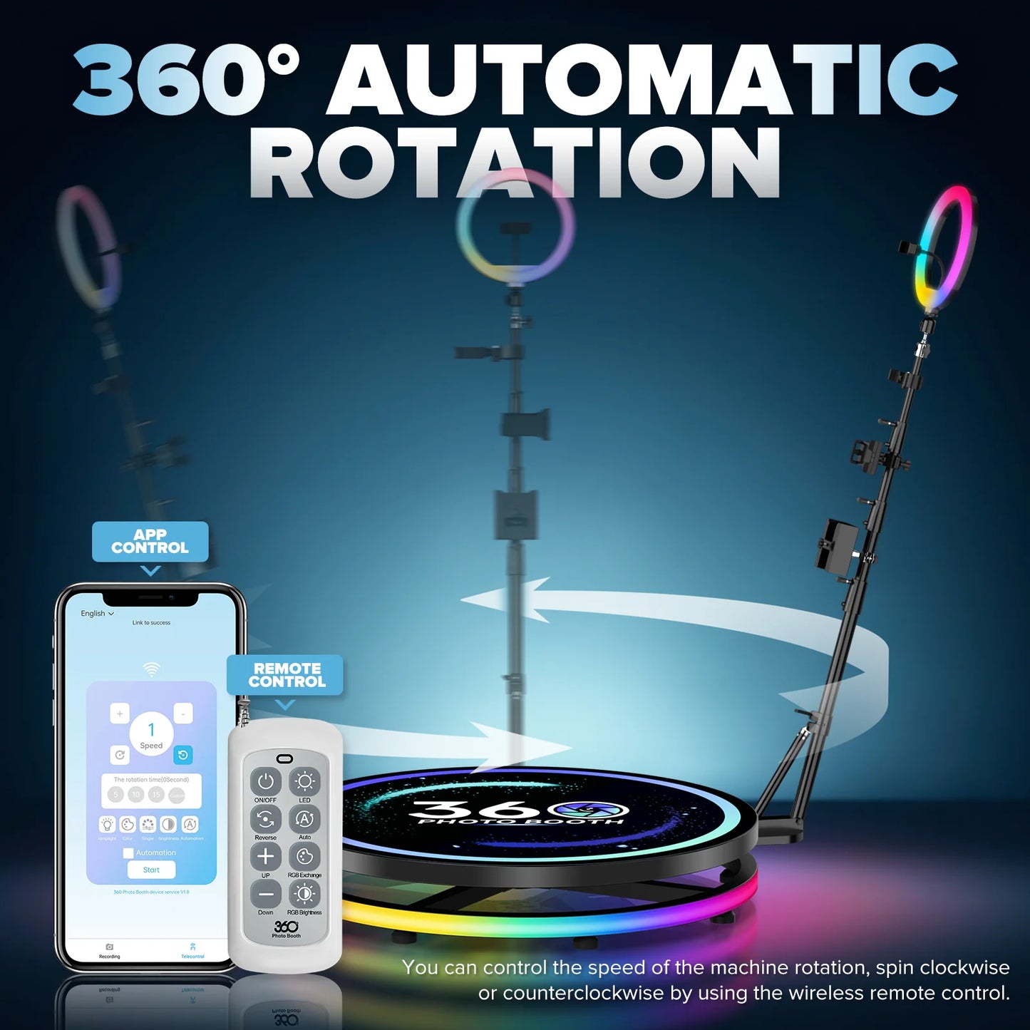 360 Photo Booth Rotating Machine With RGB Ring Light Case