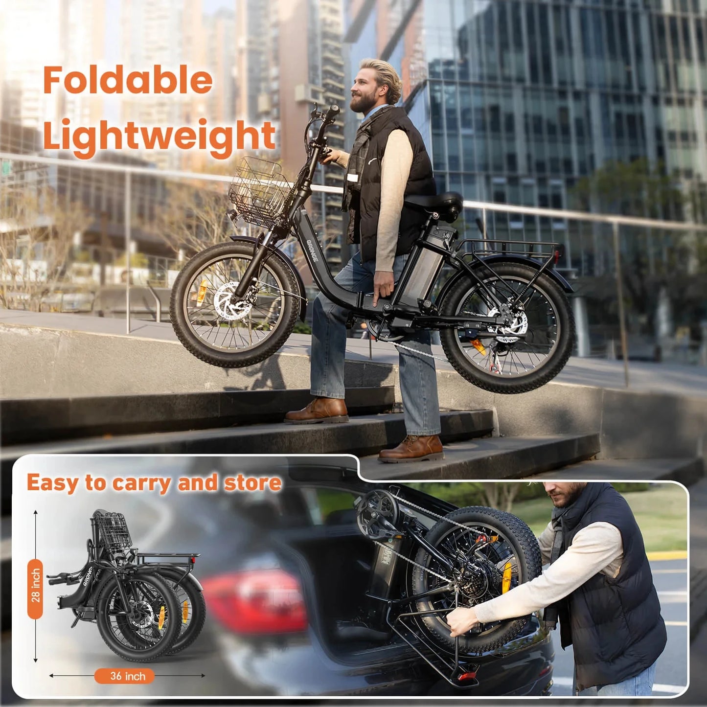 QRONGE 1000W Folding Electric Bike With 70 Mile Range Basket