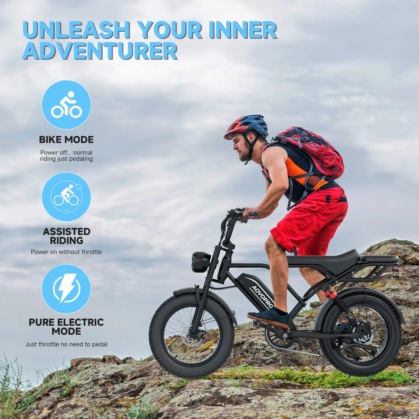 AOVOPRO AP20 Electric Bike 1500W Fat Tire 70 Miles Range