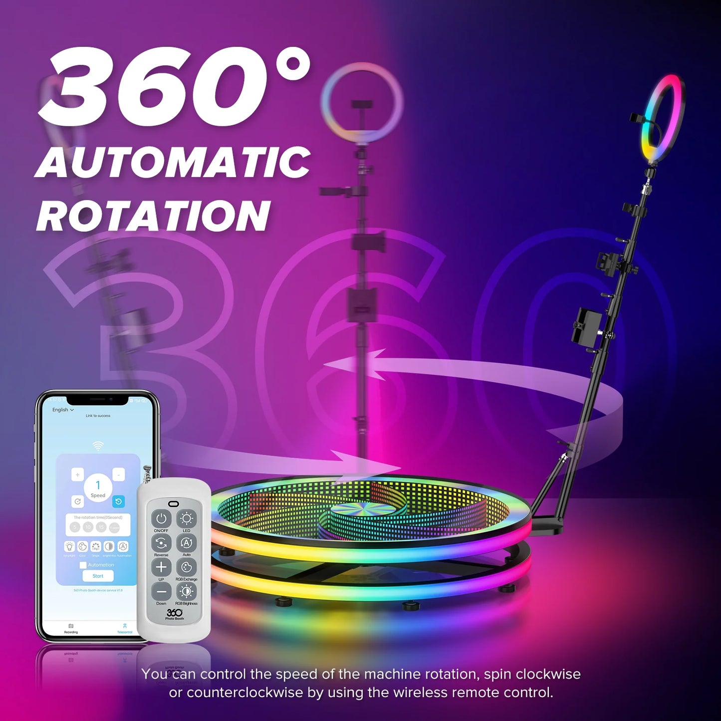 39.4 Inch 360 Photo Booth for 5 People With Glass Stage Photo Booth Machine With App and Remote Control for Parties