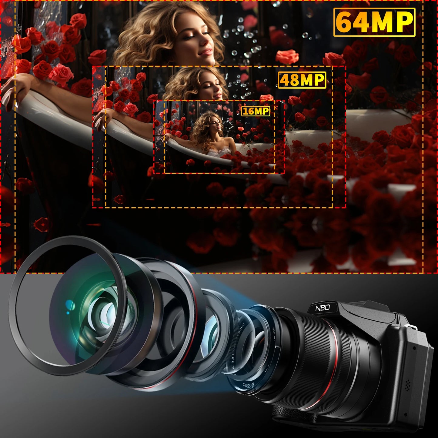 NBD 5K And 64MP Digital Camera With 16X Optical Zoom WiFi App Control