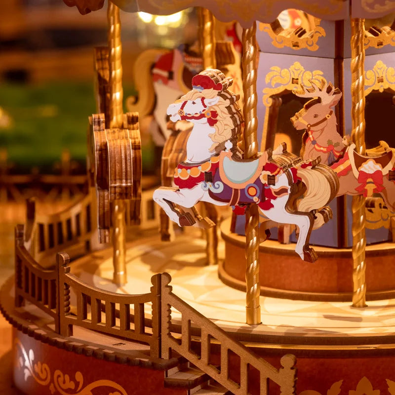 Robotime 3D Wooden Puzzle Carousel Music Box With LED Lights