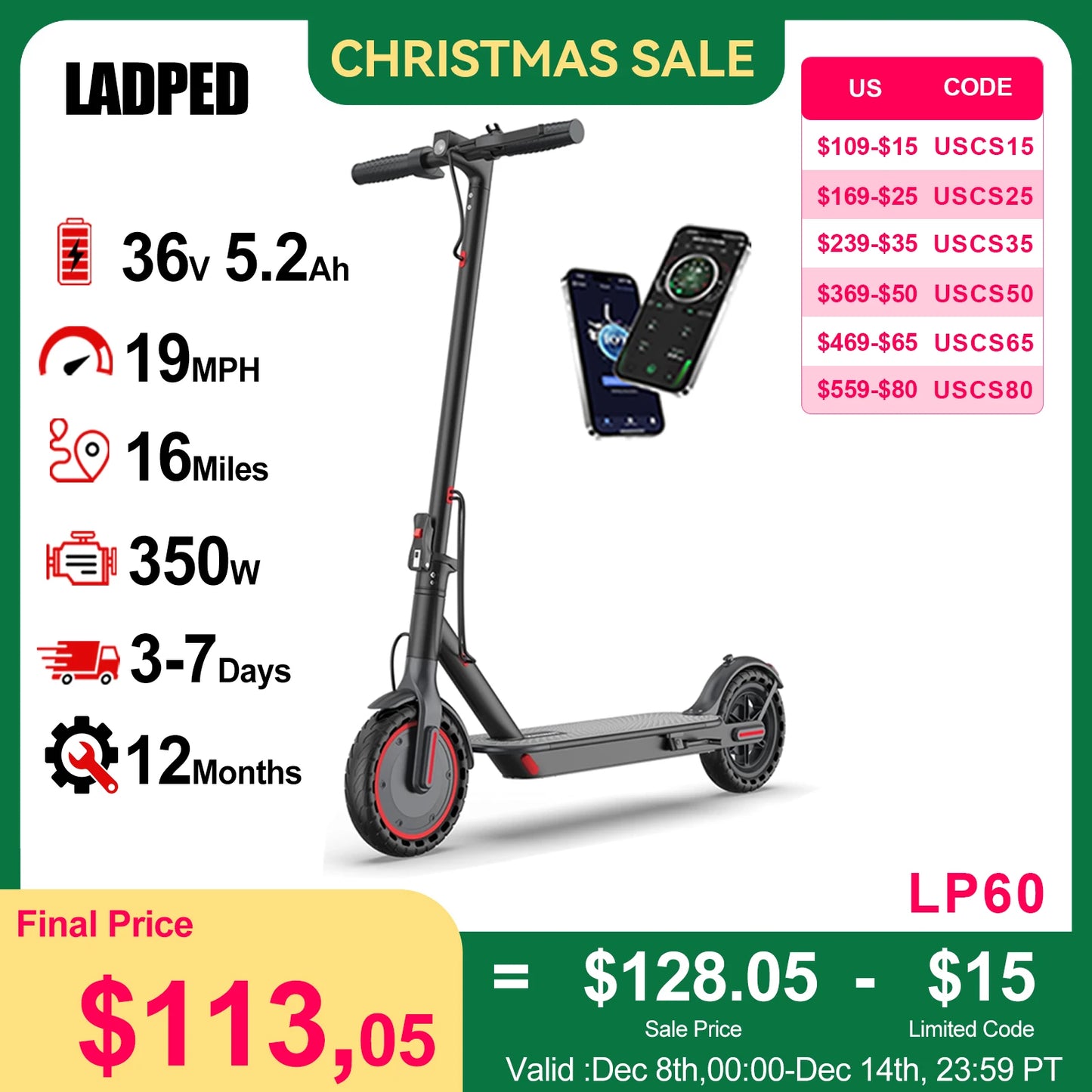 Ladped LP60 Electric Scooter 350W 19mph Folding for Adults