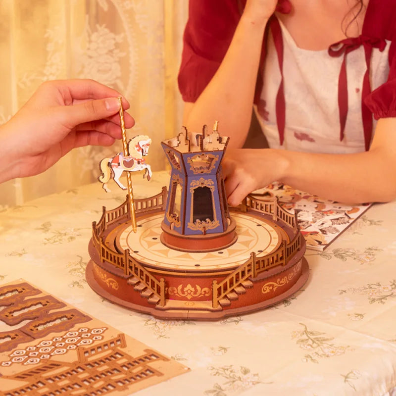 Robotime 3D Wooden Carousel Puzzle Music Box With LED Lights