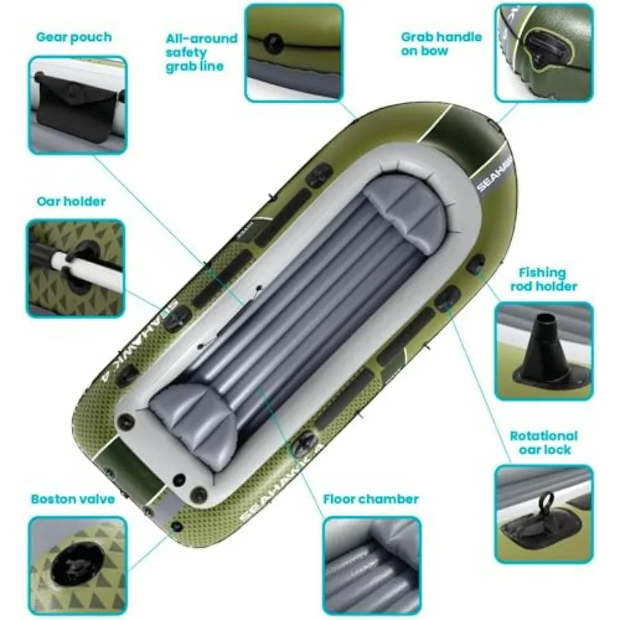 Inflatable Fishing Boat With Oars And Rod Holders Gear Pouch