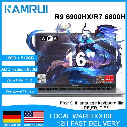 KAMRUI Gaming Laptop FHD Ryzen 9 6900HX 16GB DDR5 512GB Radeon 680M