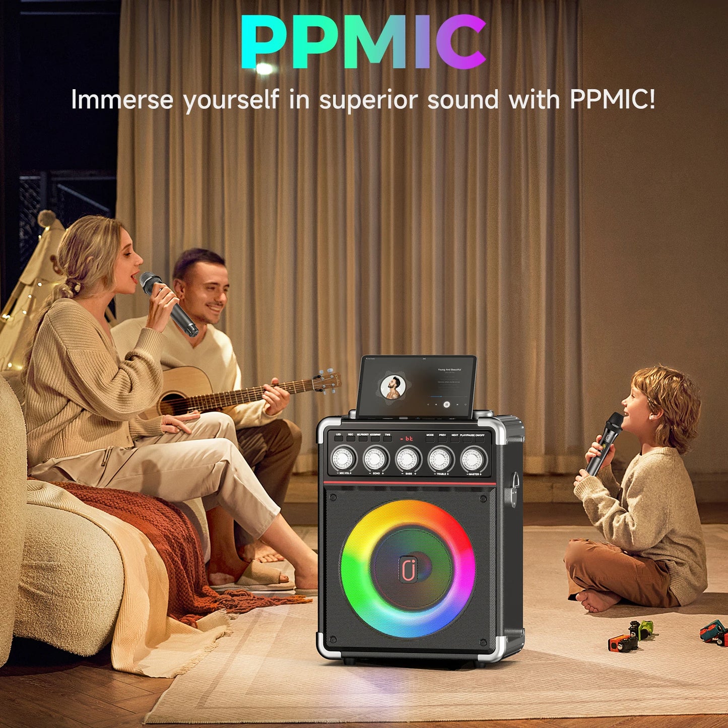 FanFun Karaoke Speaker With Microphones And DJ Lighting PA System