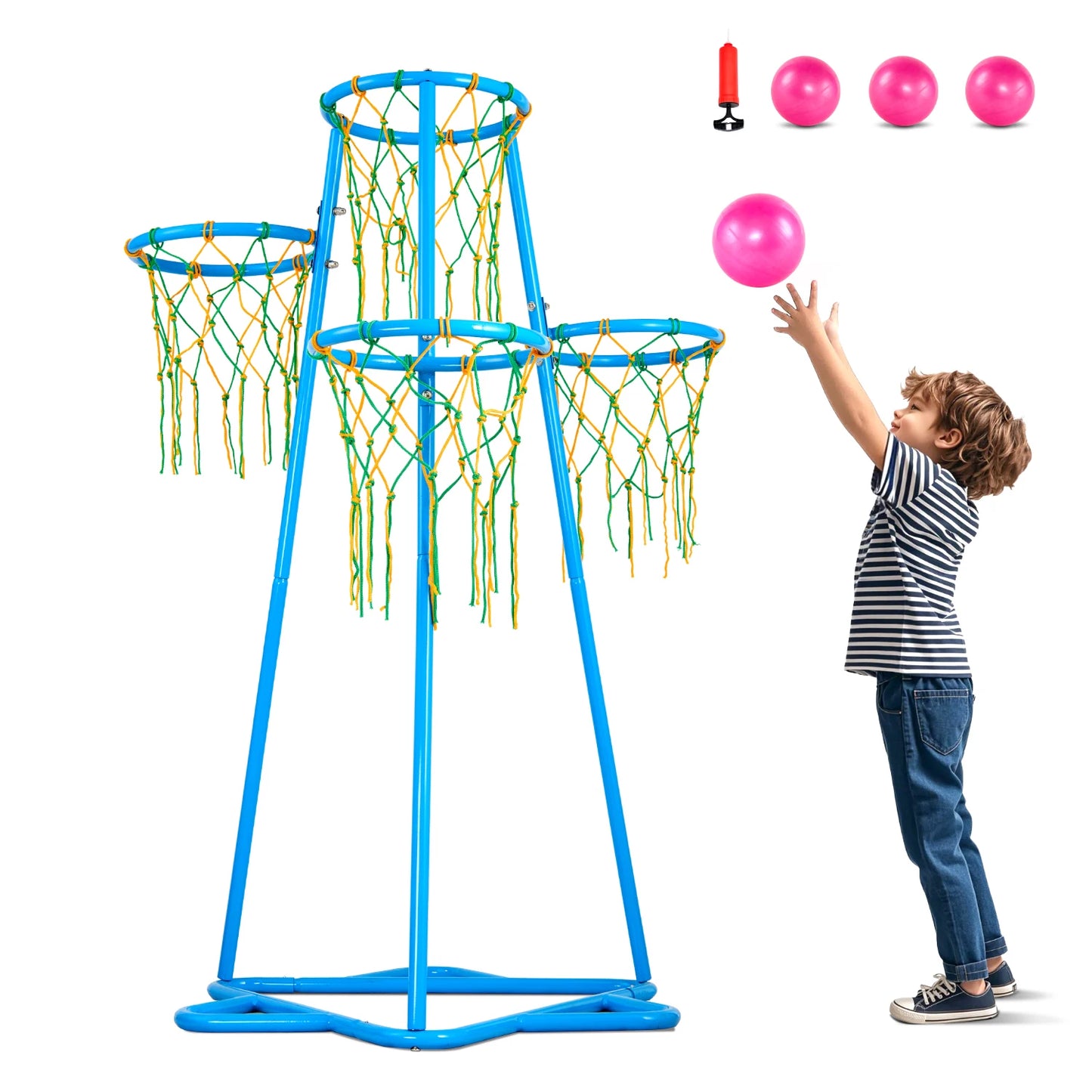 SucceBuy 4-Hoop Kids Basketball Hoop Stand With Adjustable Height And 3 Balls