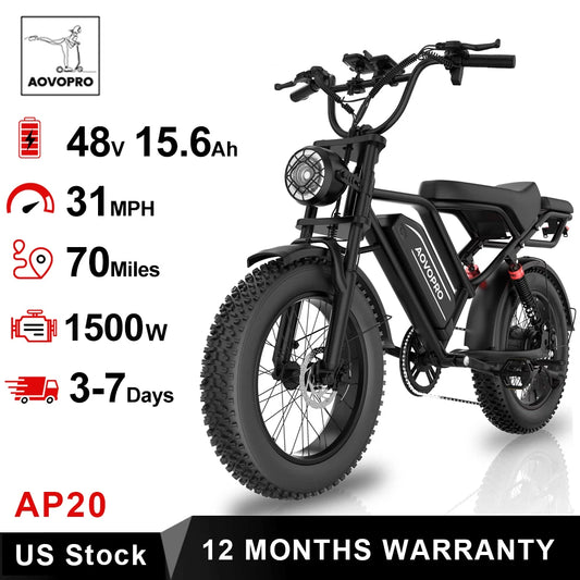 AOVOPRO AP20 Electric Bike 1500W Fat Tire 70 Miles Range