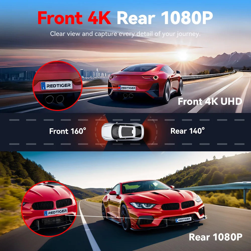 Redtiger A4 Dash Cam Front And Rear 4K GPSNavigation WiFi