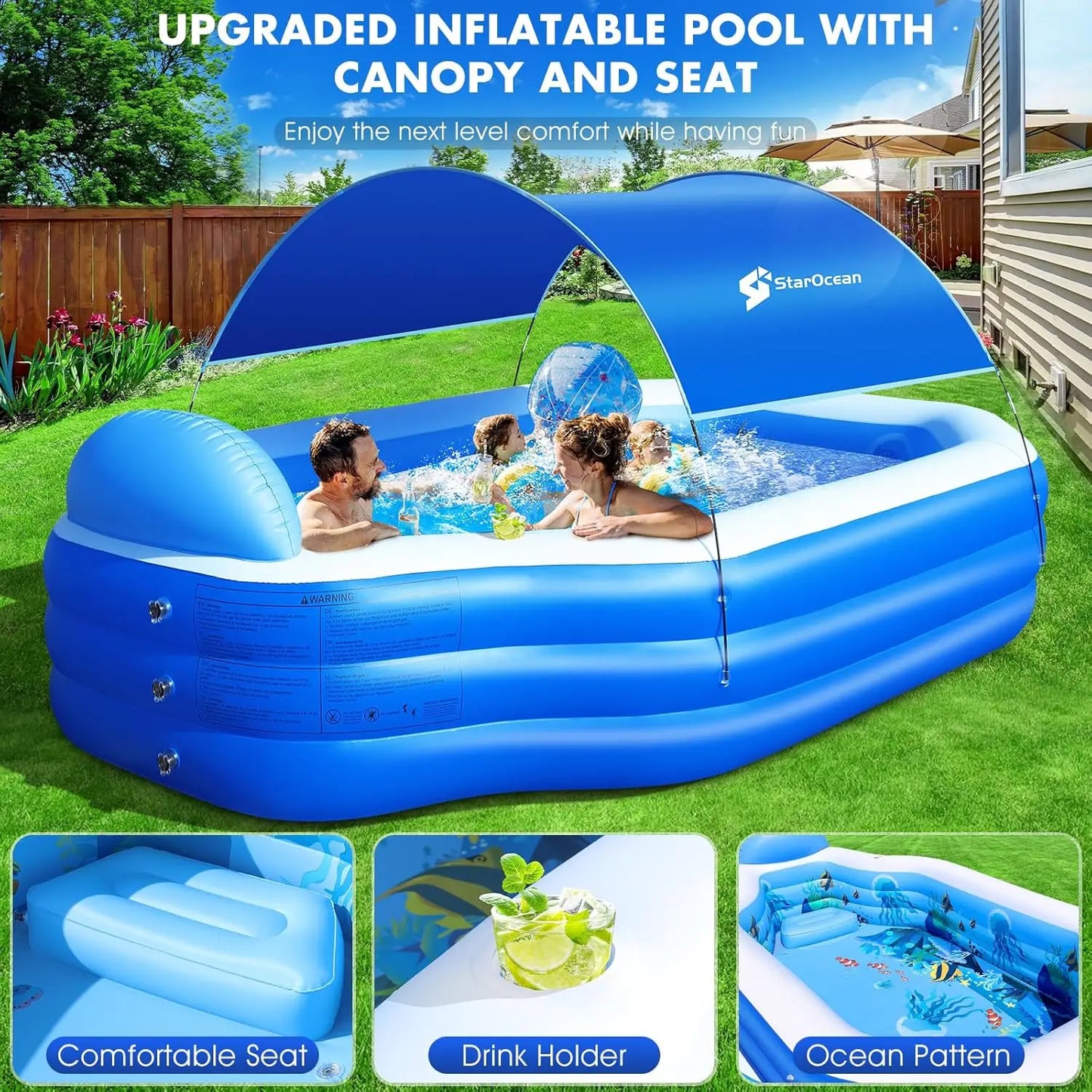 Inflatable Pool With Removable Canopy Seats And Backrest For Kids And Adults