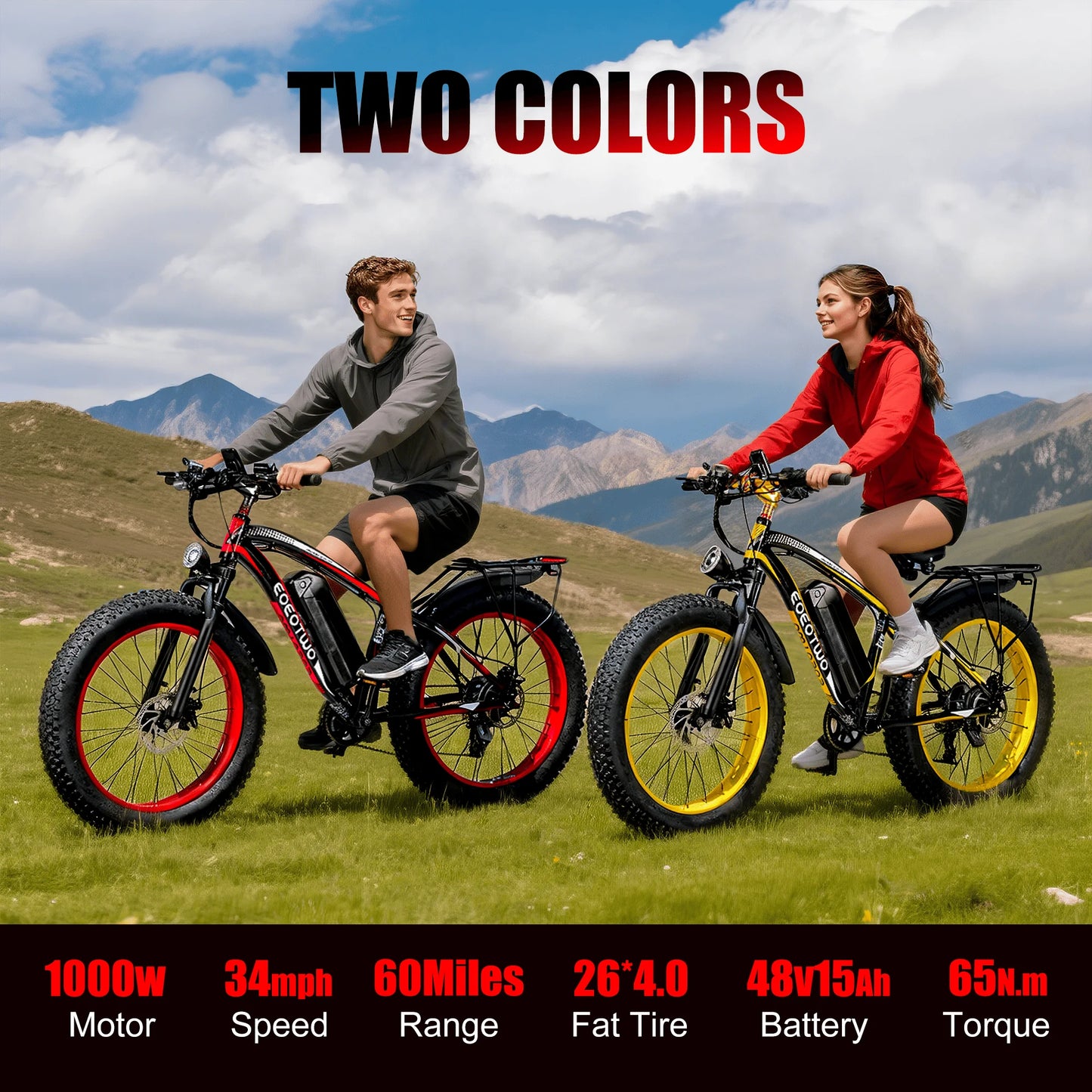 EOEOTWO E01 Electric Fat Tire Bike 60 Mile Range 34MPH