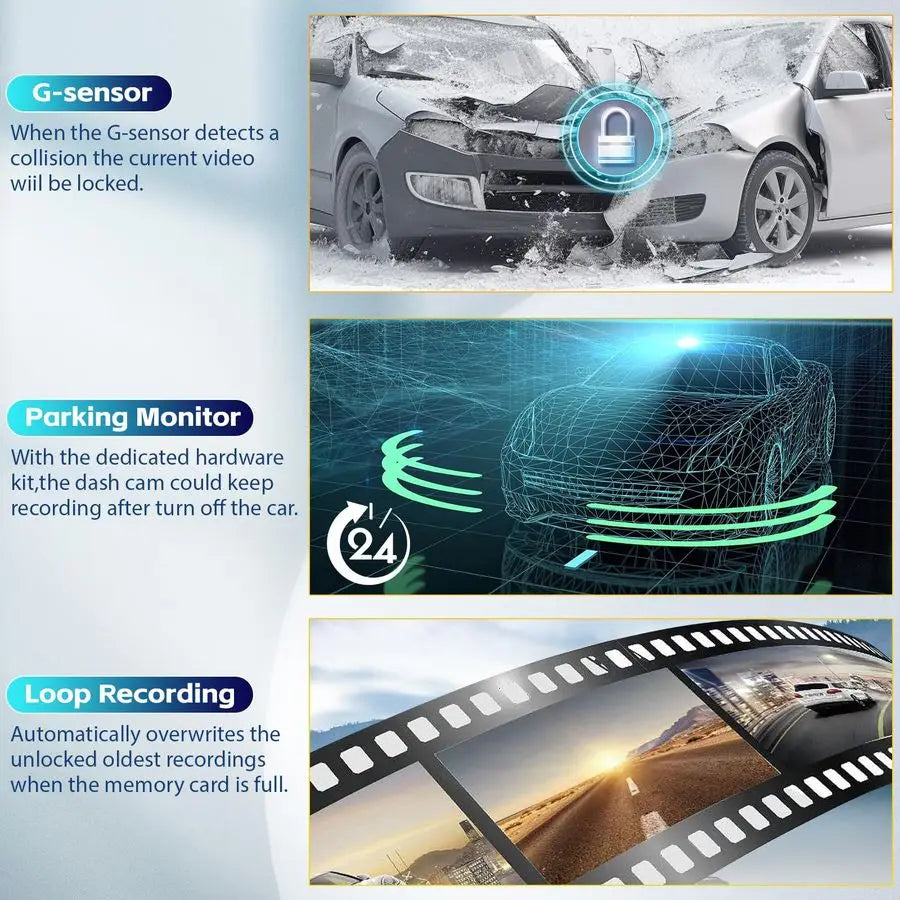 XMSJ 3 Channel Mirror Dash Cam Front Rear Night Vision