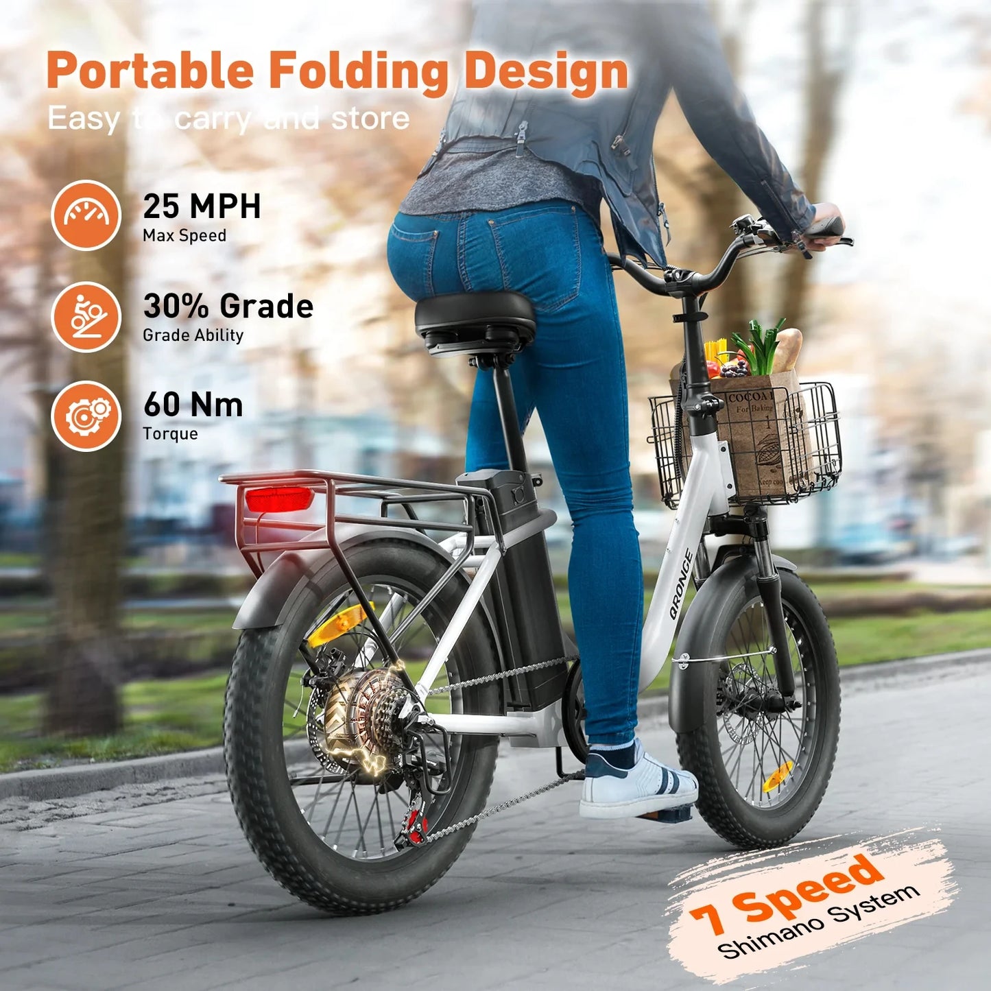 QRONGE 1000W Folding Electric Bike With 70 Mile Range Basket
