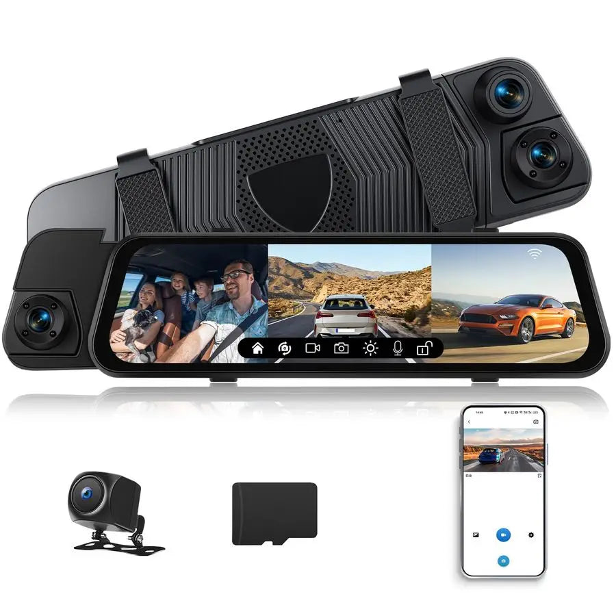 XMSJ 3 Channel Mirror Dash Cam Front Rear Night Vision