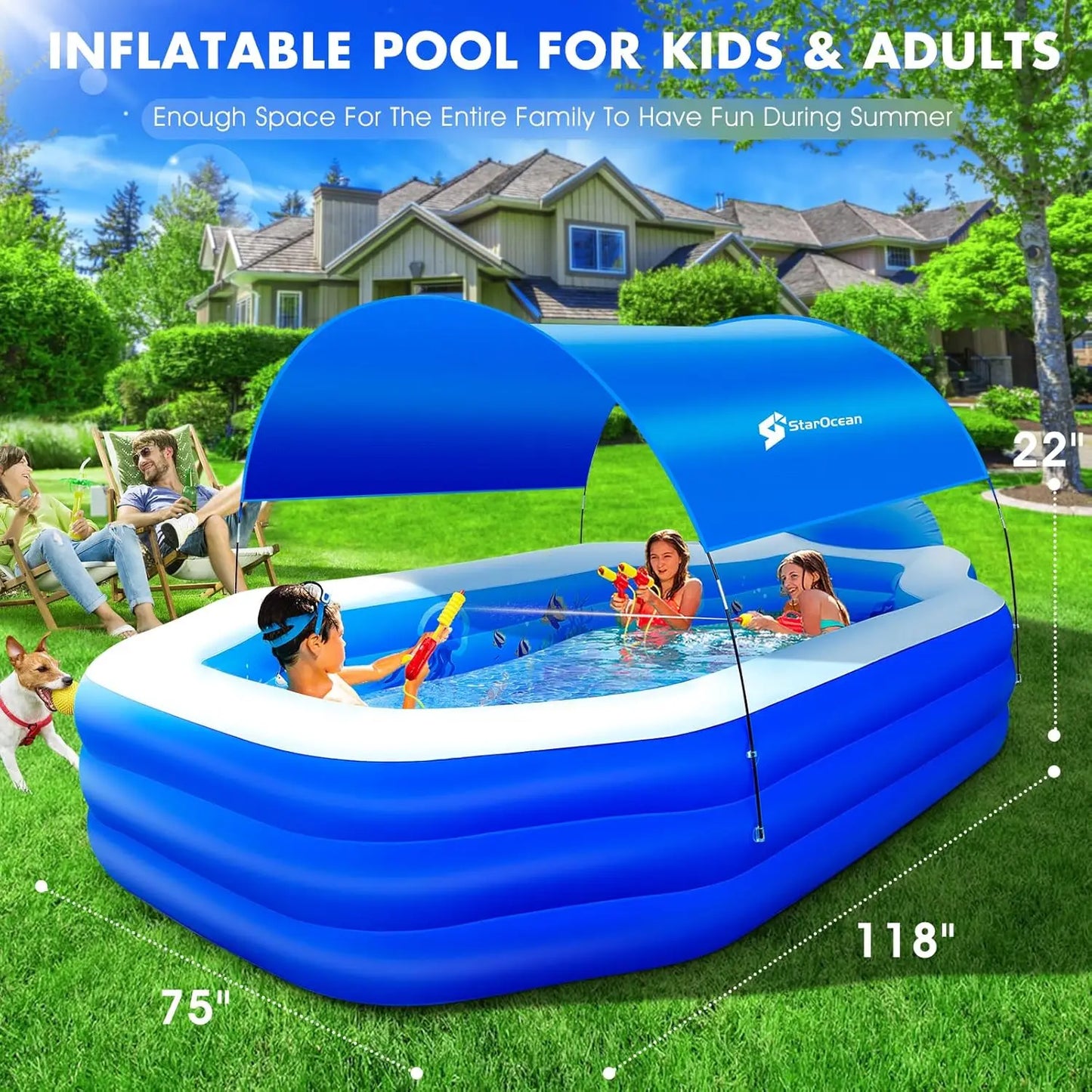 Inflatable Pool With Removable Canopy Seats And Backrest For Kids And Adults