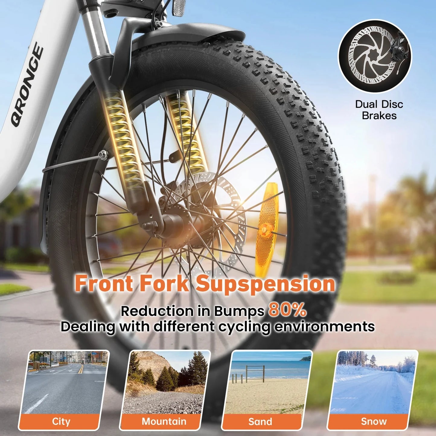 QRONGE 1000W Folding Electric Bike With 70 Mile Range Basket
