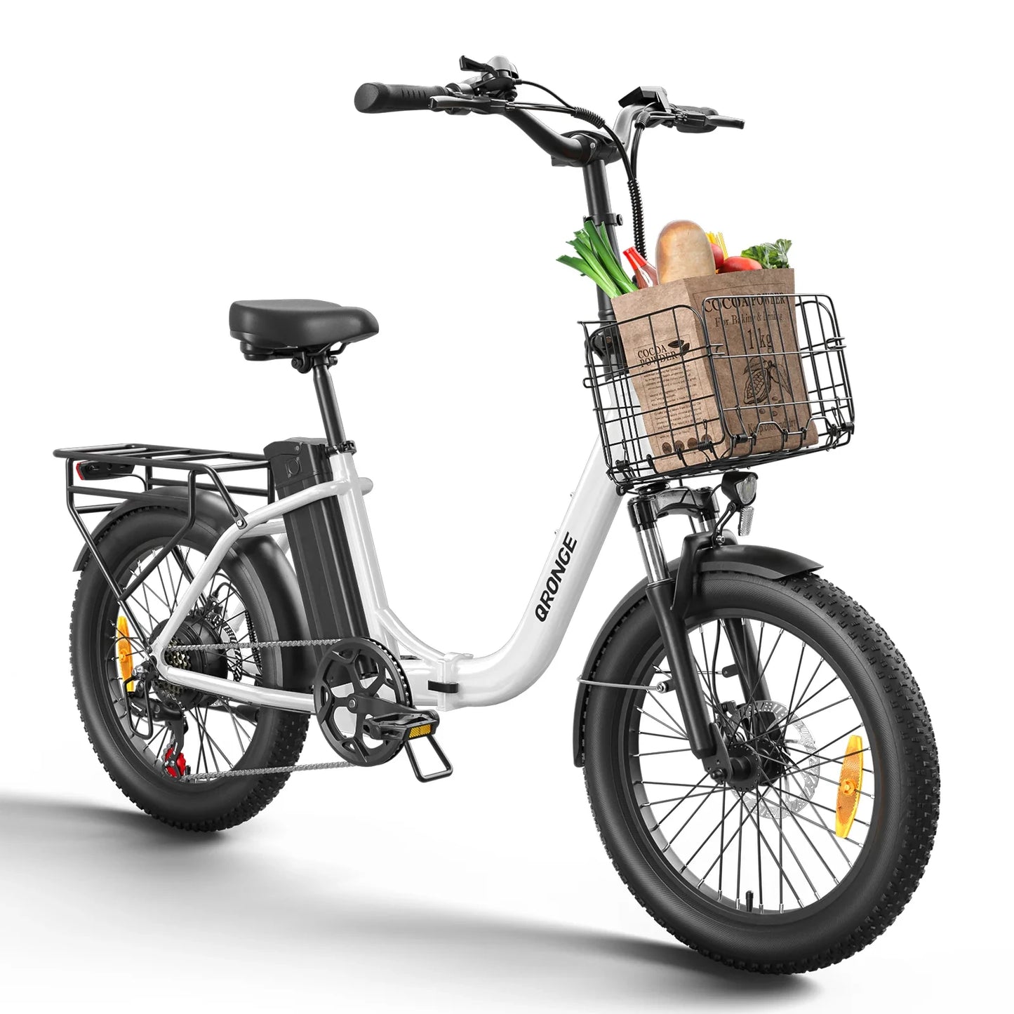 QRONGE 1000W Folding Electric Bike With 70 Mile Range Basket