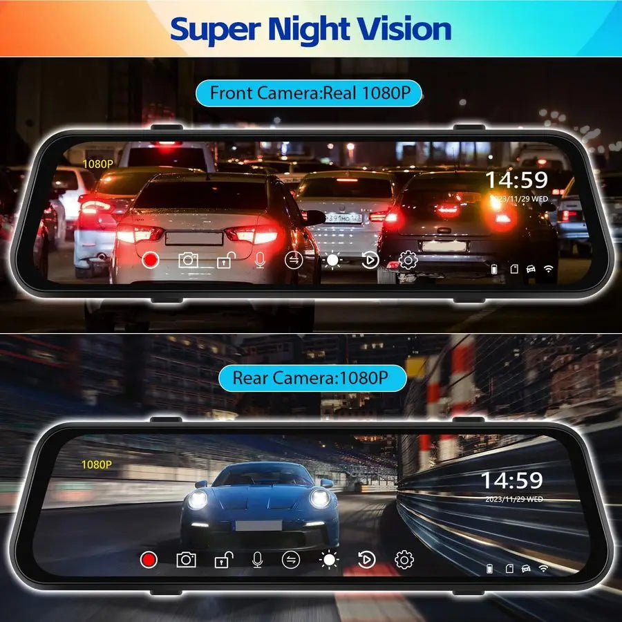 XMSJ 3 Channel Mirror Dash Cam Front Rear Night Vision