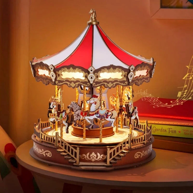 Robotime 3D Wooden Carousel Puzzle Music Box With LED Lights