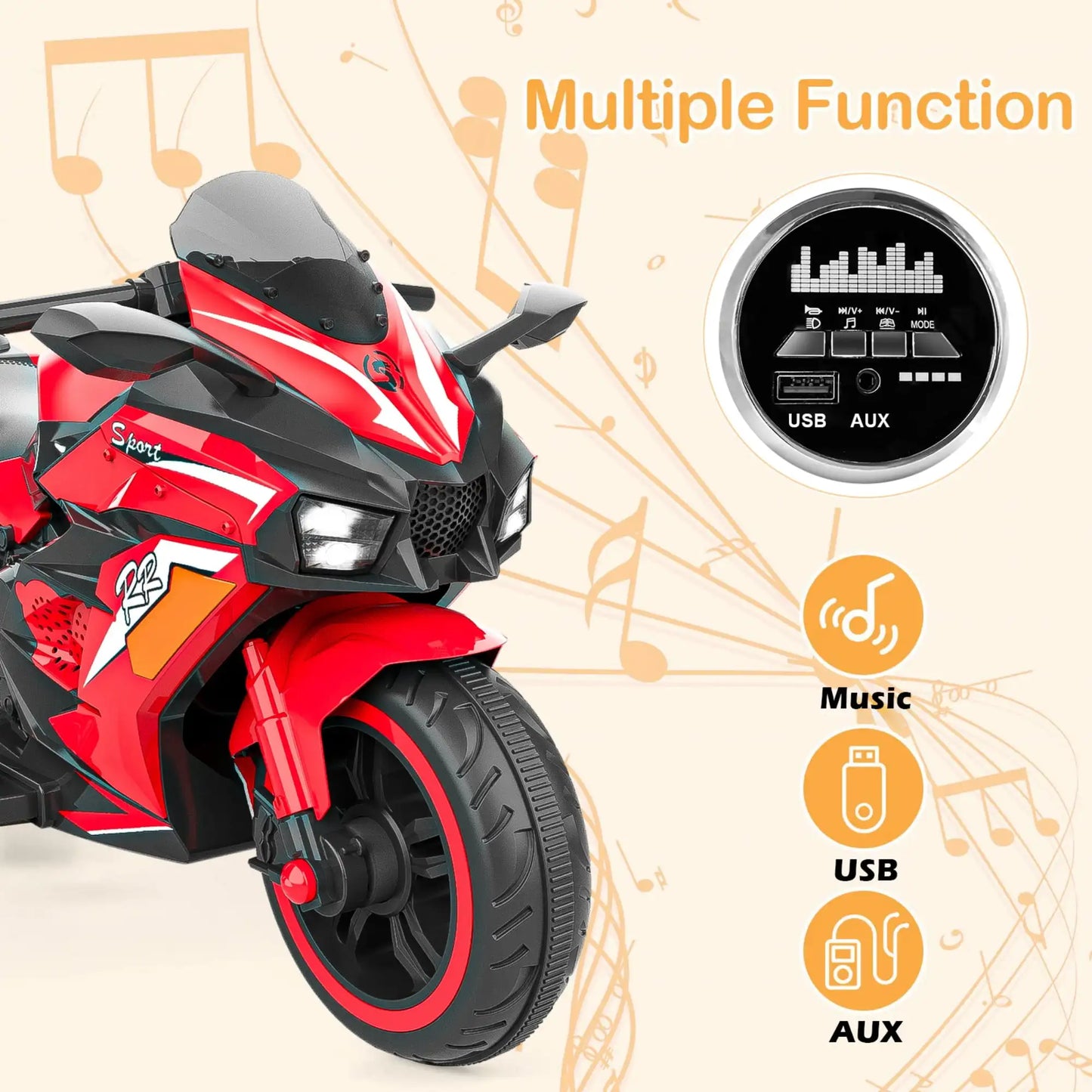Jueshuai Outdoor 12V Electric Kids Motorcycle LED Lights Bluetooth Music