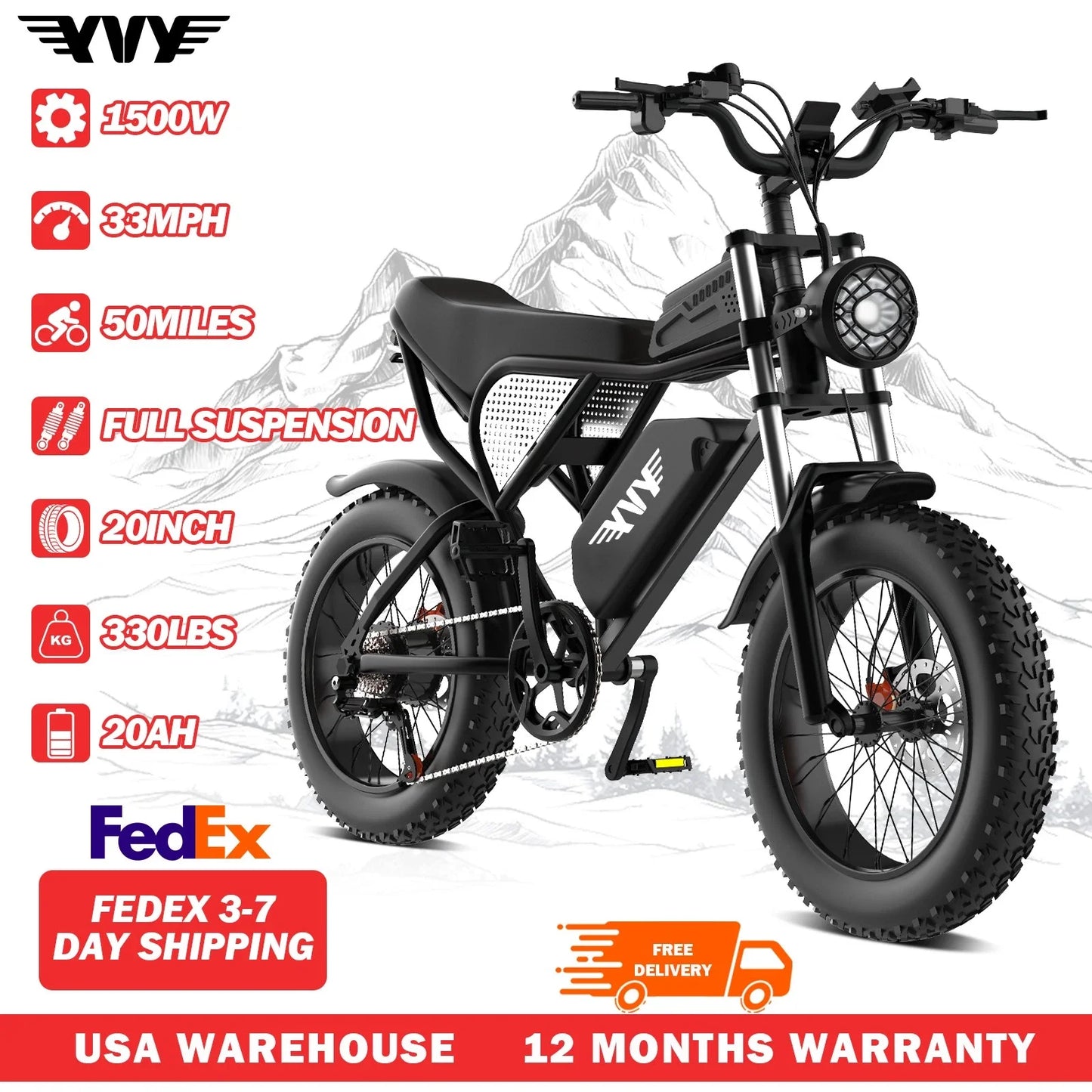 YVY 1500W Fat Tire Electric Mountain Bike With Removable Battery
