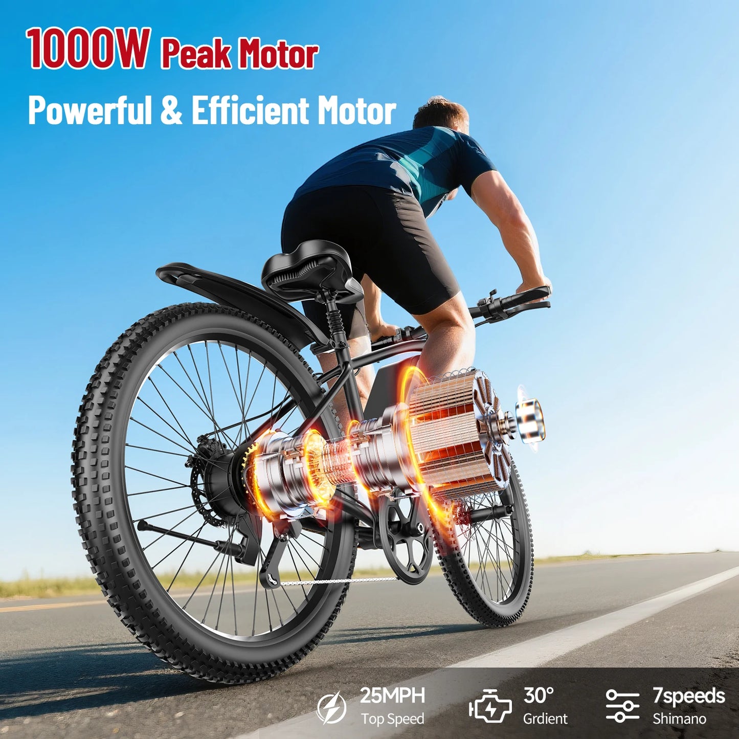 X-koala Electric Mountain Bike 1000W Peak Motor 25MPH 40 Mile Range
