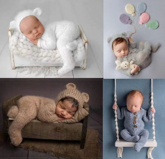 2pc/set Baby Outfits  Newborn Photography Props Romper Bear Jumpsuit Crochet Hat Wool Baby Boy Girl Animal Photo Prop