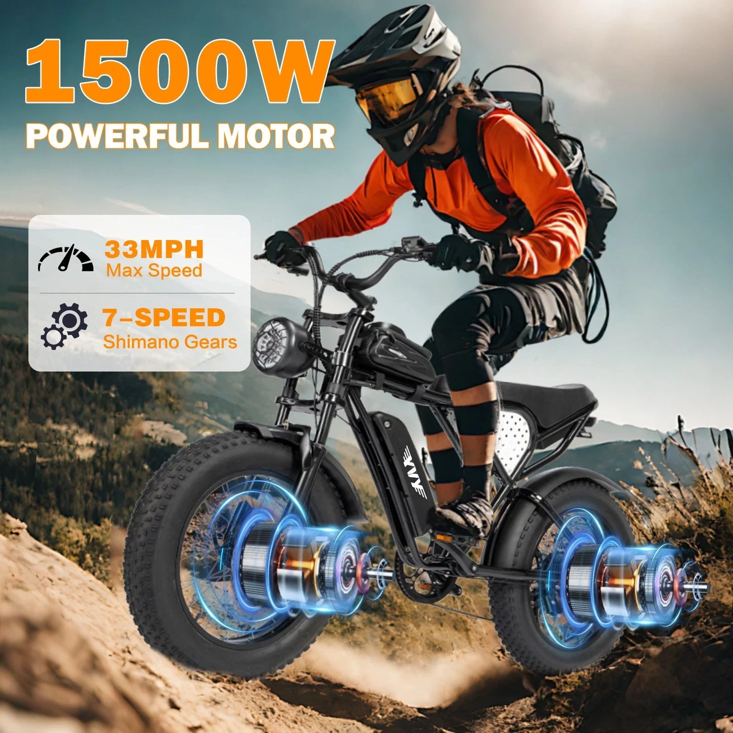 YVY Electric Fat Tire All Terrain Mountain Bike 1500W 33MPH