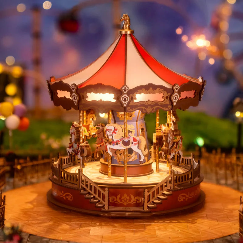 Robotime 3D Wooden Carousel Puzzle Music Box With LED Lights
