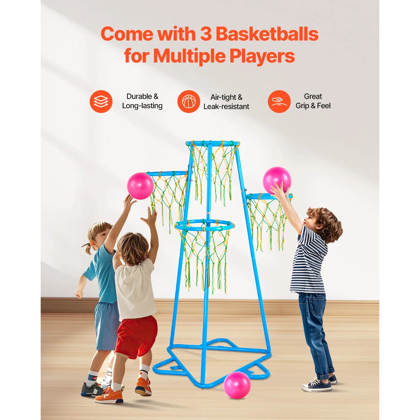 SucceBuy 4-Hoop Kids Basketball Hoop Stand With Adjustable Height And 3 Balls