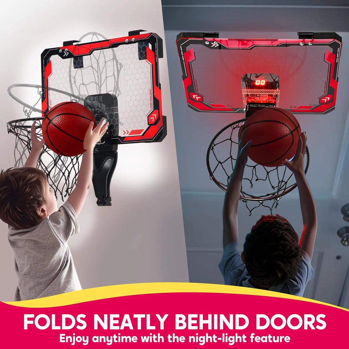 Joyfy Over-the-Door Mini Indoor Basketball Hoop With Light Up Scoreboard