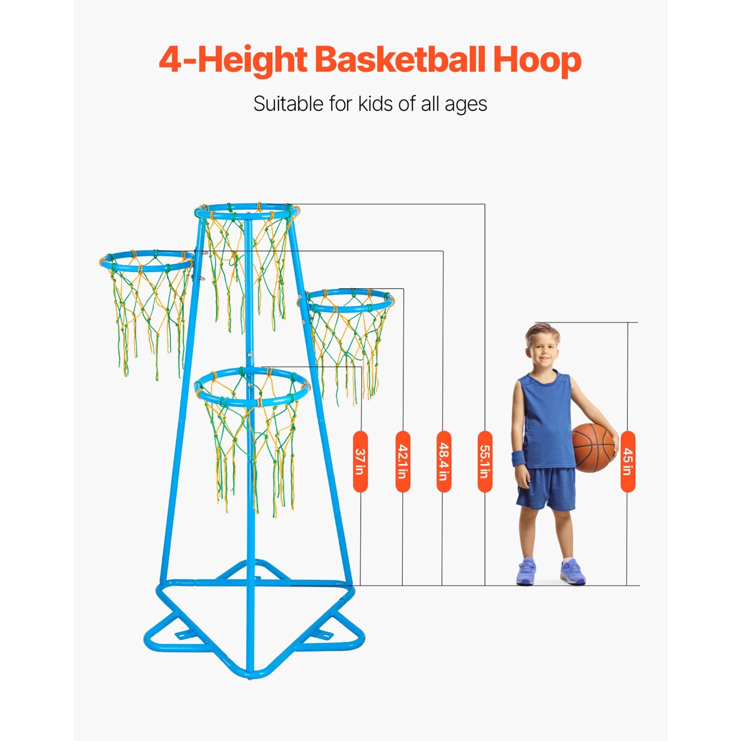 SucceBuy 4-Hoop Kids Basketball Hoop Stand With Adjustable Height And 3 Balls