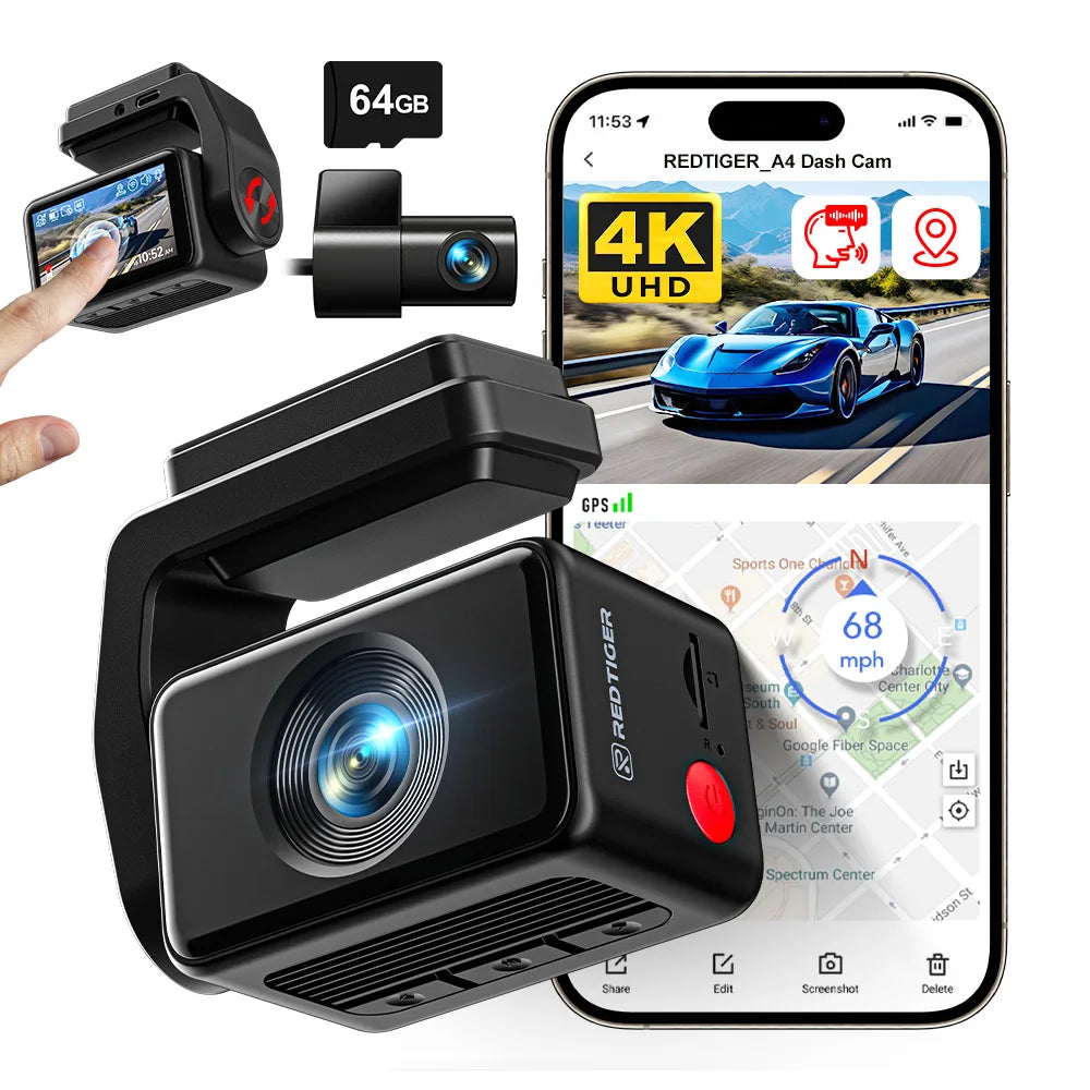 Redtiger A4 Dash Cam Front And Rear 4K GPSNavigation WiFi