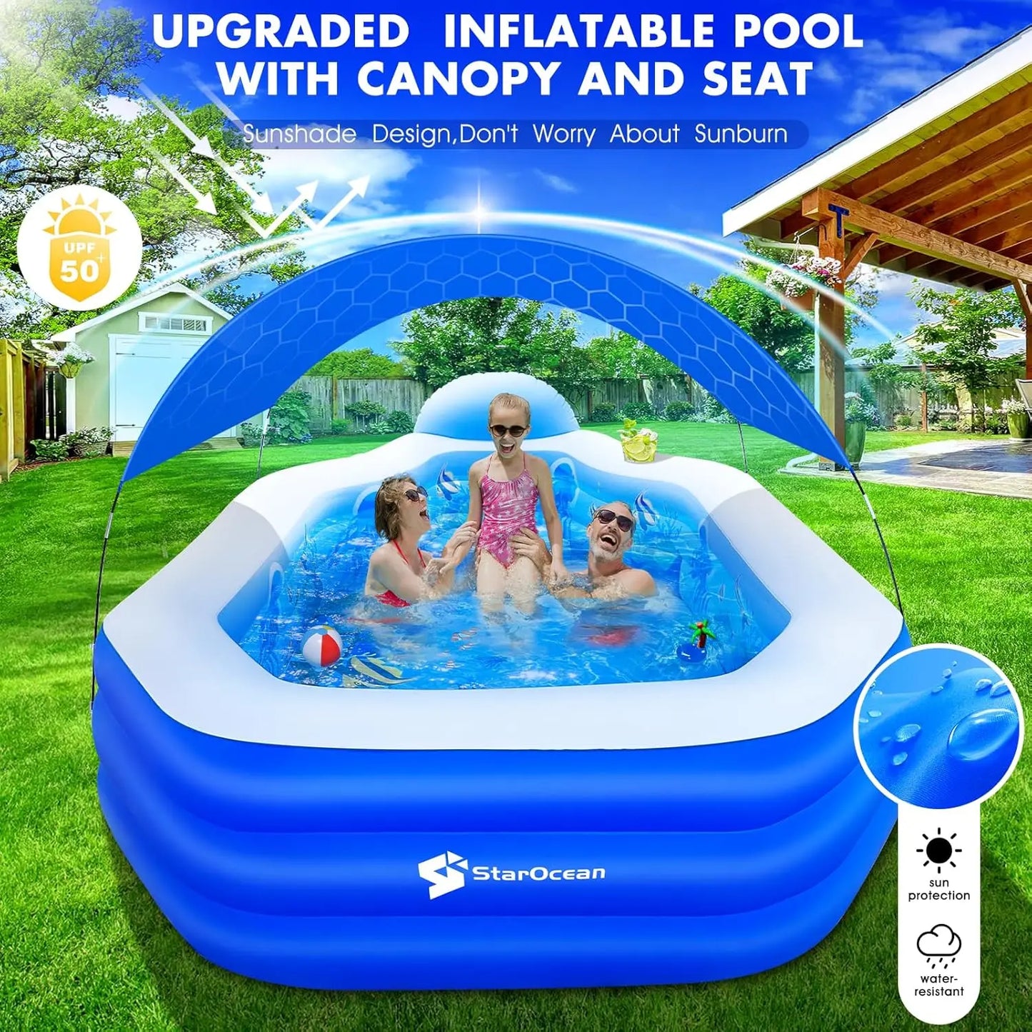 Inflatable Pool With Removable Canopy Seats And Backrest For Kids And Adults