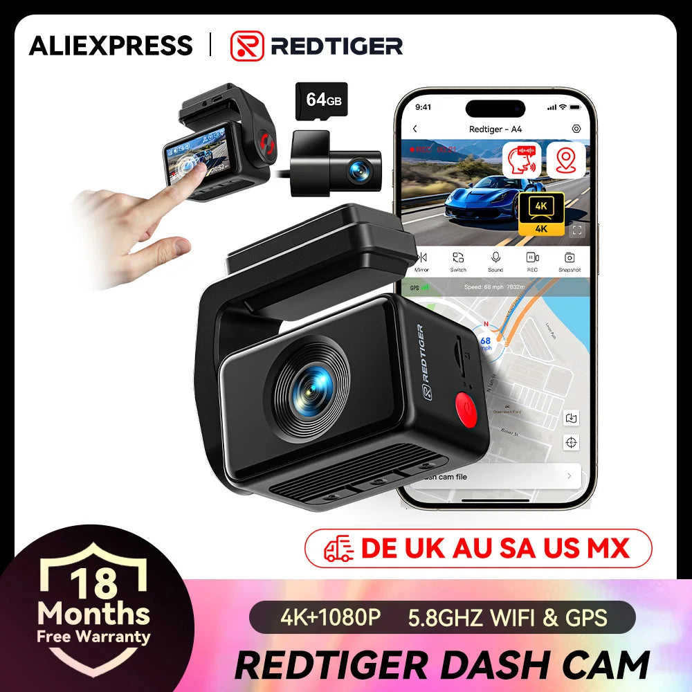 Redtiger A4 Dash Cam Front And Rear 4K GPSNavigation WiFi