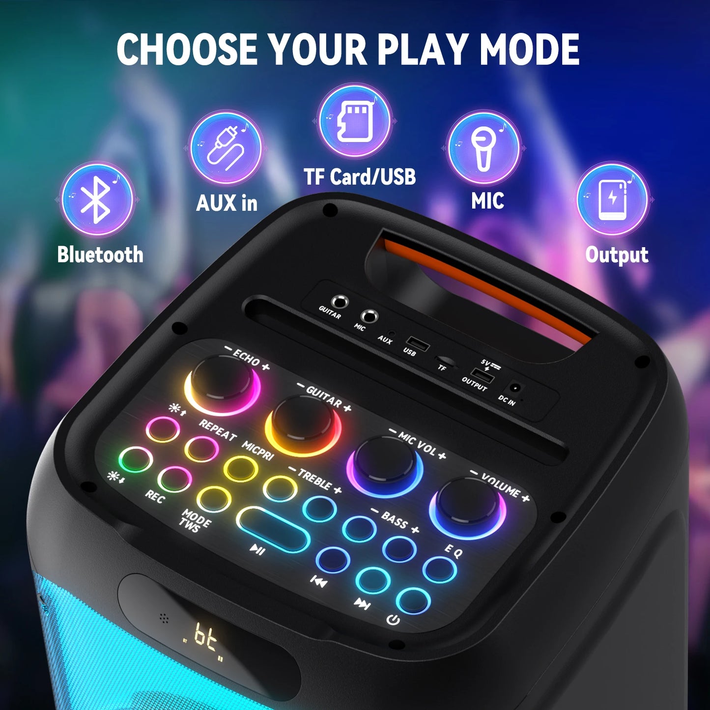 FanFun 500W Bluetooth Karaoke Speaker With LED Party Light Two Microphones