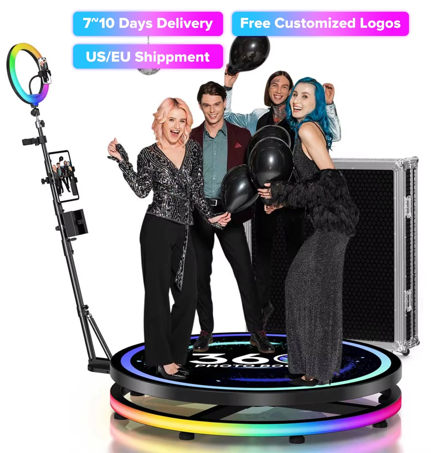 360 Photo Booth Rotating Machine With RGB Ring Light Case