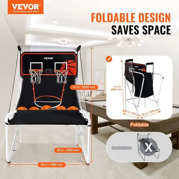 Foldable Indoor Basketball Arcade Game With Dual Hoops